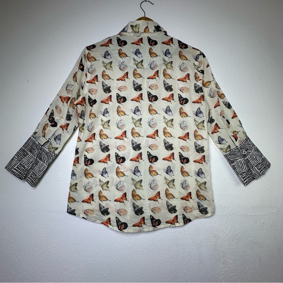 TIZZIE 100% COTTON 3/4 SLEEVE ROME SHIRT NEUTRAL BUTTERFLIES VOILE - Picture 3 of 14